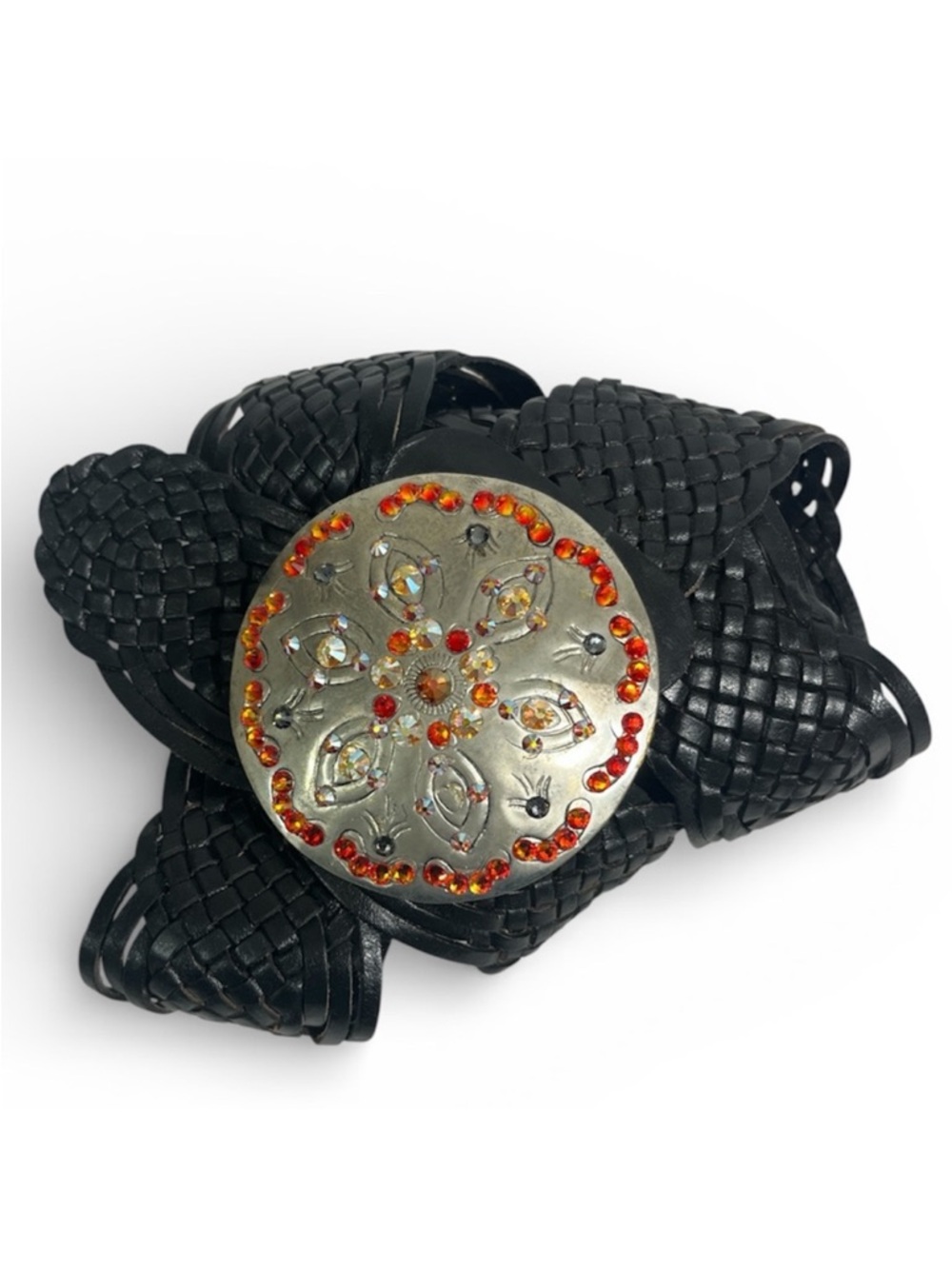 Woven Wide Leather Belt, Large Silver Tone Buckle Multicolor Rhinestones